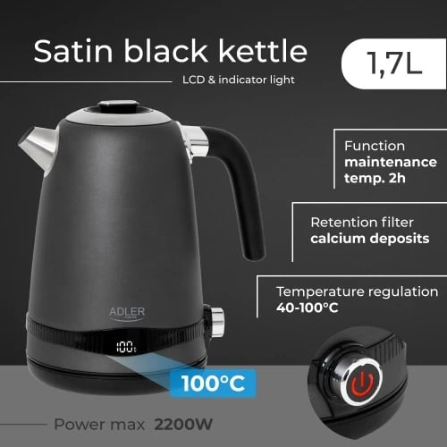 çajnik elektrik, Adler, AD1295, 1.7L, LCD me rregullim temperature 40–100°C, funksion keep warm 2 orë, inoks, gri