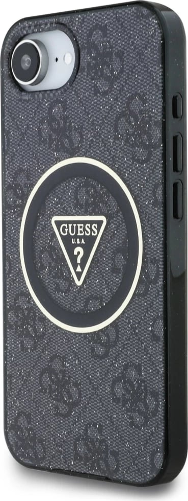 Mbështjellës Guess IML Metal Glitter 4G Circle Triangle MagSafe për iPhone 16e, i zi