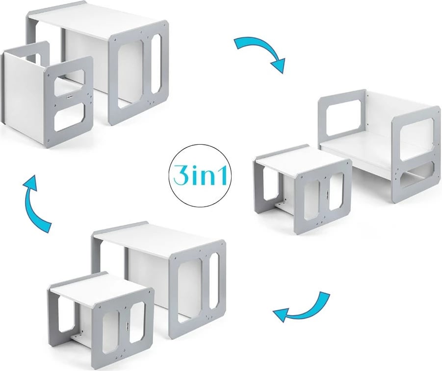 Set mobilje fëmijësh 3‑në‑1, Milly Mally, Stella, modulare MDF, tavolinë + karrige, për moshat 3–6 vjeç, gri, set