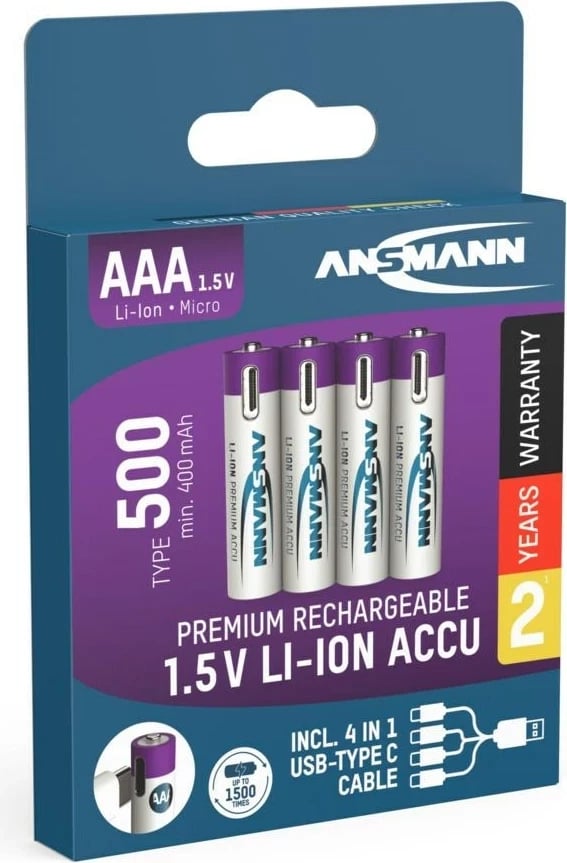 Bateri të rikarikueshme AAA ANSMANN 1311-0028, 500 mAh, Li-Ion, 1.5V, 4 copë, Bardhë