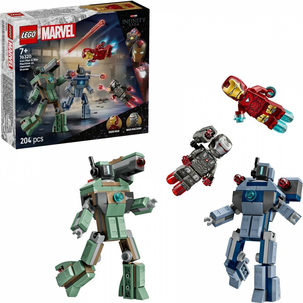 Set LEGO Marvel Super Heroes 76320, Iron Man dhe War Machine kundër Hammer Drones, 204 pjesë