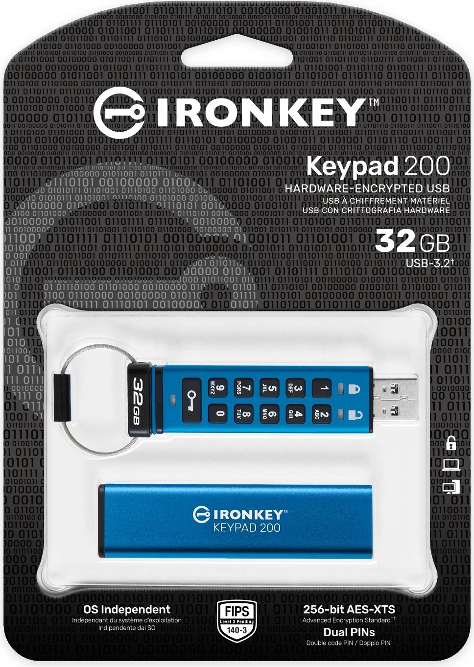 USB Kingston IronKey Keypad 200 32GB, USB 3.2, blu