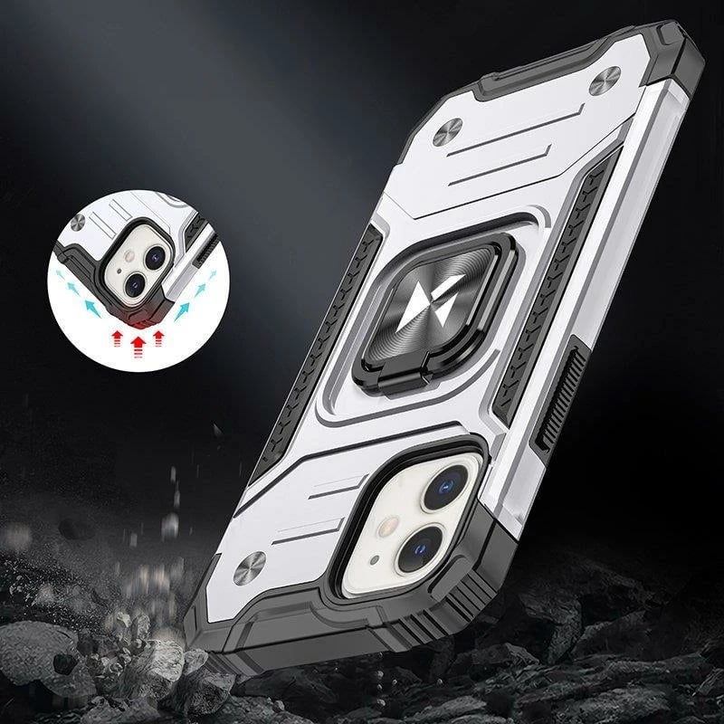 Mbështjellës Wozinsky Ring Armor për iPhone 14, me unazë dhe qëndrim, argjend