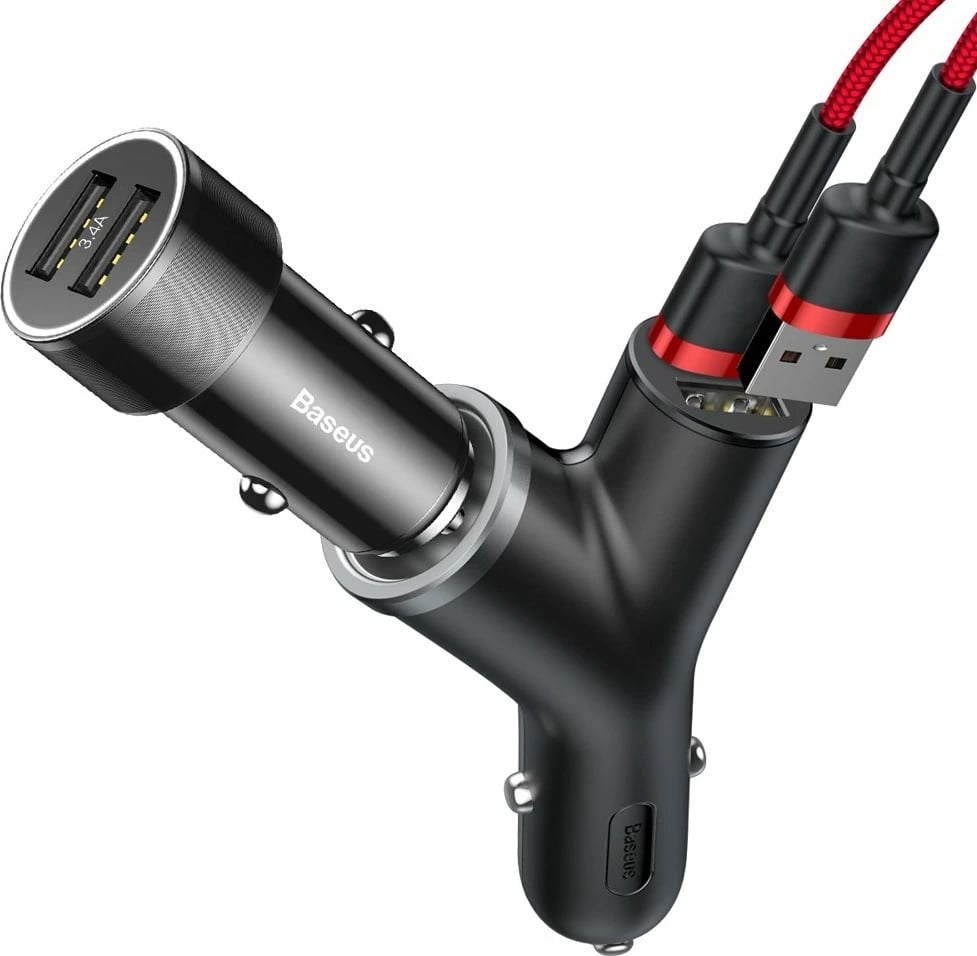 Karikues veture Baseus Y Type CCALL-YX01, 2x USB + prizë çakmaku, 3.4A, LED, i zi
