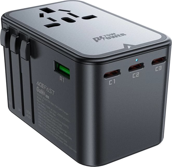 Karikues udhëtimi Acefast Z1 GaN, 75W, 3x USB-C, 2x USB-A, i zi