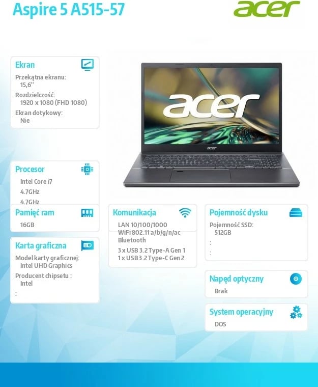 Laptop Acer Aspire 5 A515-57, Intel Core i7-12650H, 16GB RAM, 512GB SSD, 15.6" FHD, Steel Gray