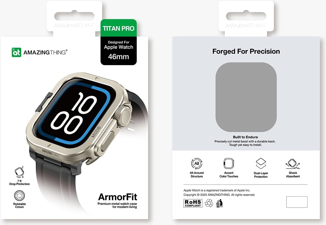 Mbështjellës metalik smartwatch AmazingThing Titan Pro për Apple Watch 11 46mm, aliazh alumini, montim snap-on, titanium