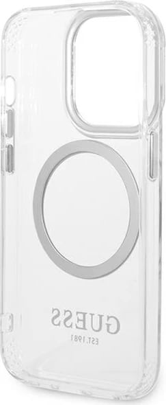 Mbështjellës Guess Metal Outline Magsafe për iPhone 14 Pro Max 6.7", argjendtë/transparente