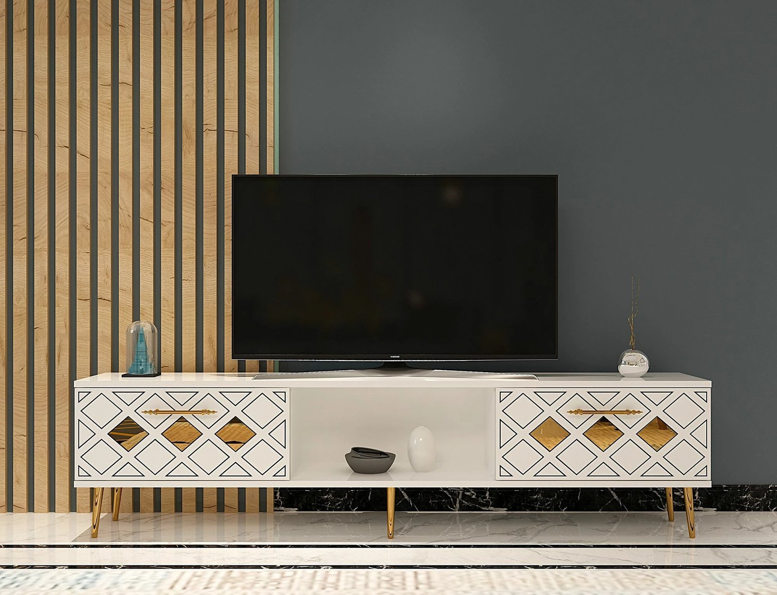 Komodë TV Skye Decor, e bardhë, e artë