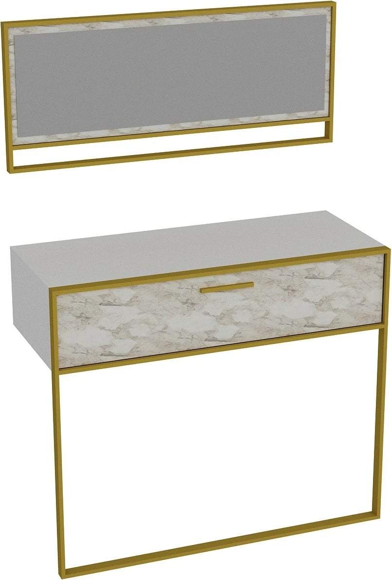 Komodë anësore Hanah Home, Polka me pasqyrë, e bardhë dhe e artë