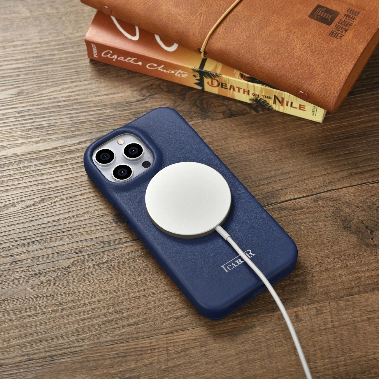 Mbështjellës iCarer CE Premium lëkurë folio për iPhone 14 Pro, MagSafe, Blu