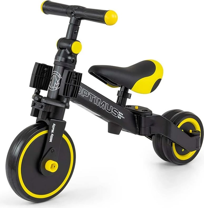 tricikel 3-në-1, Milly Mally Optimus, pedale të heqshme, rrota shkumë, sedilje e rregullueshme, i palosshëm, 12m+, e zezë