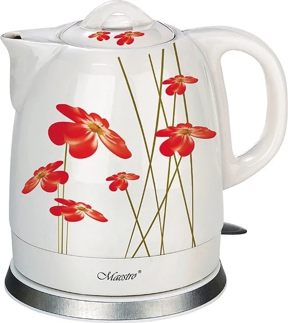 Ibrik elektrik Maestro MR-066-RED FLOWERS, 1.5 L, 1200 W, i bardhë me lule të kuqe