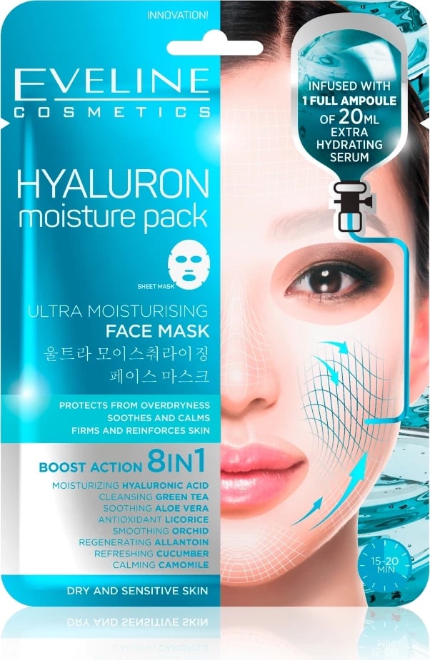 Maskë fytyre për femra Eveline Cosmetics Hyaluron Moisture Pack, 20ml