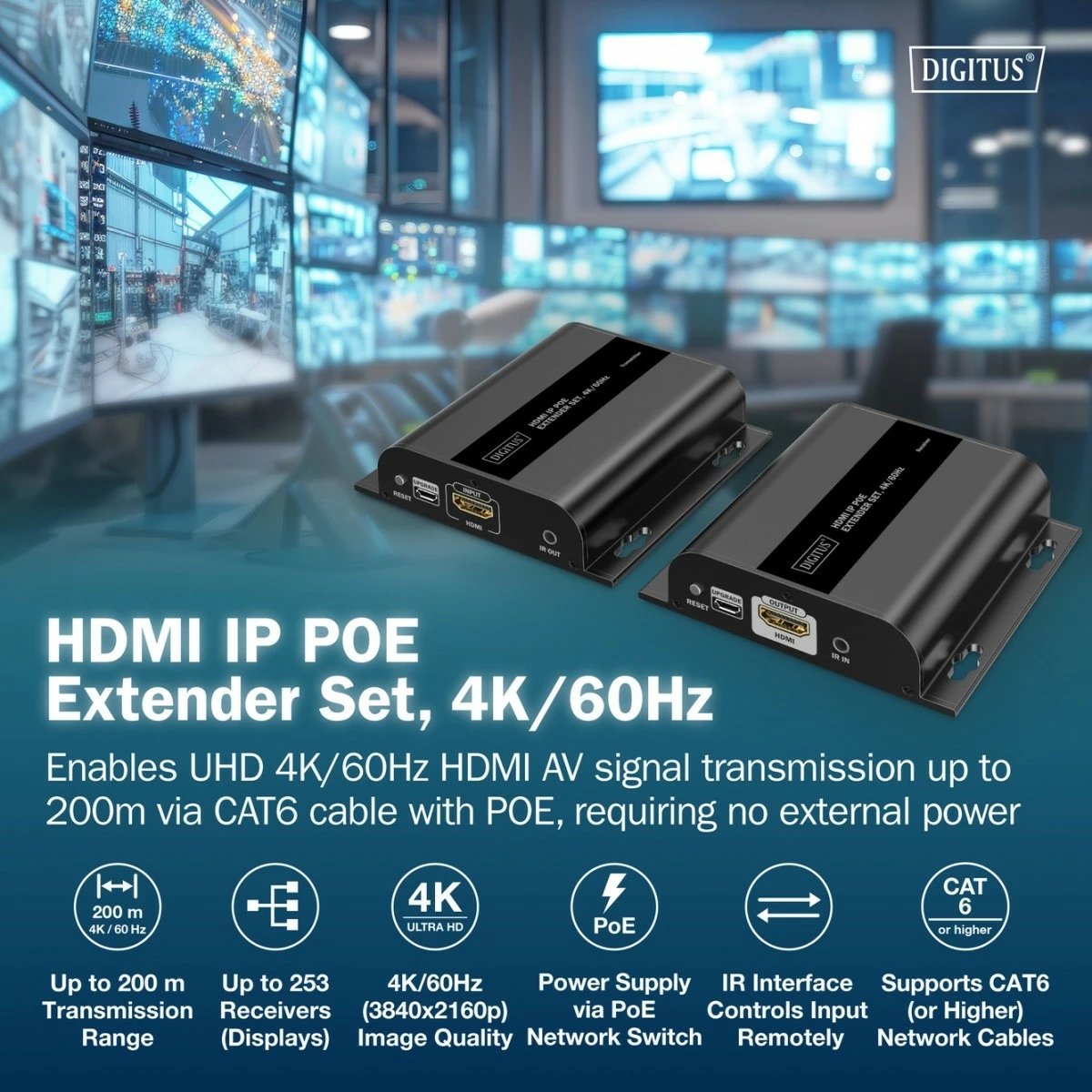 Zgjatës HDMI mbi IP, Digitus DS-55353, 4K/60Hz, PoE, deri 200 m, IR, i zi, set