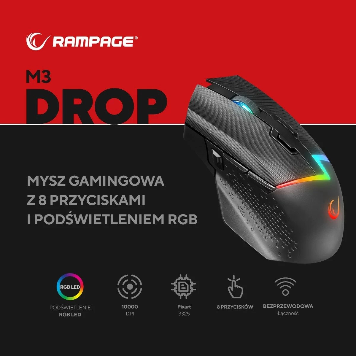 Maus Rampage DROP M3 RGB 1000Hz, i zi
