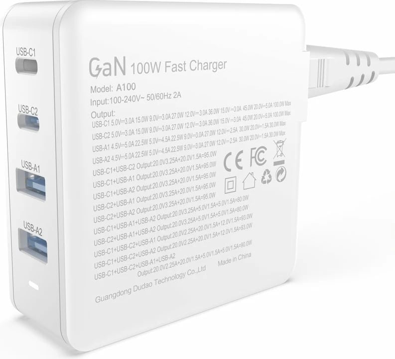 Karikues muri Dudao A100EU GaN, 100W, 2x USB-C, 2x USB-A, Bardhë