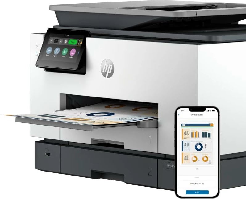 Printer multifunksional inkjet, HP OfficeJet Pro 9130b (4U561B#629), 24–27 ppm, me fax, i bardhë/gri