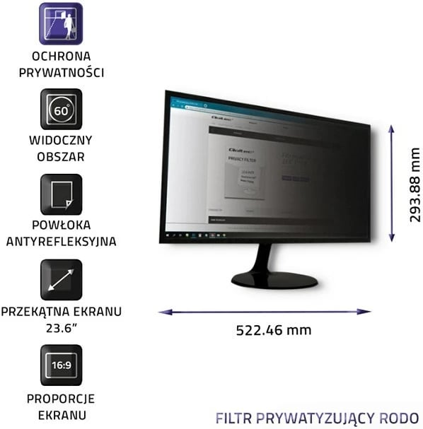 Filtër privatësie për monitor Qoltec 51058, 23.6 inç, 16:9, i zi, për monitor