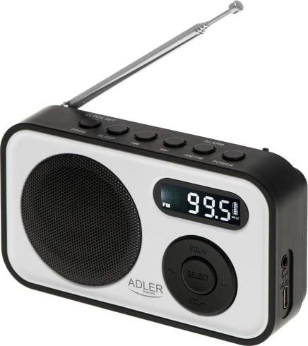 radio digjitale PLL AM/FM Adler AD 1906, LCD, 20+20 memorje, USB‑C, dalje kufje 3.5 mm, 0.8 W, bardh e zi