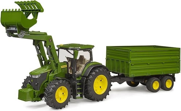 Traktor lodër BRUDER John Deere 7R 350 me ngarkues dhe rimorkio, jeshil