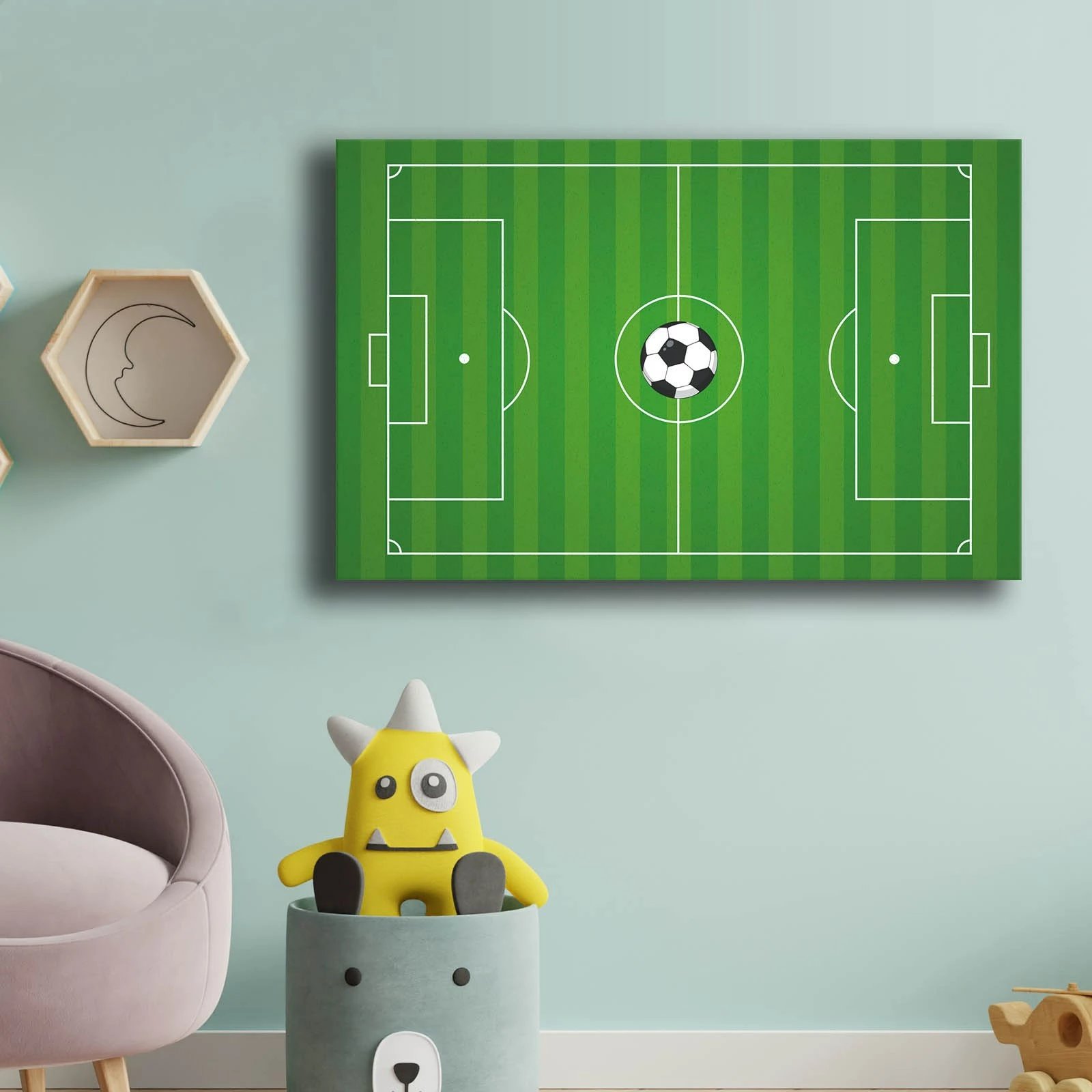 Pikturë dekorative në kanavacë, fushë futbolli, jeshile dhe e bardhë, 45x70cm