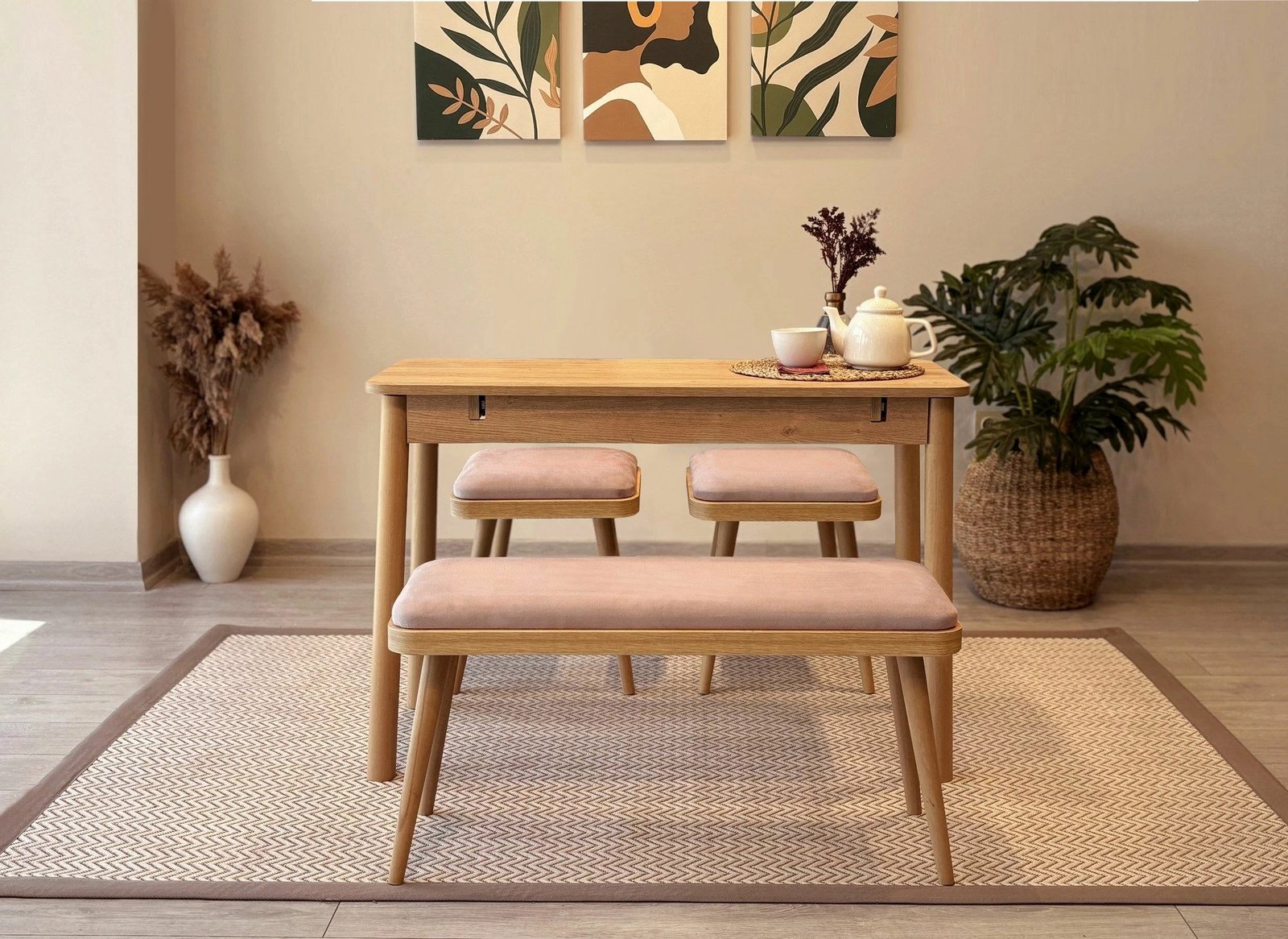 Set tavoline me karrige, zgjatës, 4 pjesë, Skye Decor, Vina Mini 04 0900, ngjyrë lis, gur