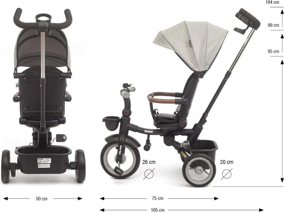 tricikletë për fëmijë, Milly Mally Twinkle, sedilje rrotulluese 180°, timon prindëror i rregullueshëm, dritë LED, kornizë çeliku, gri