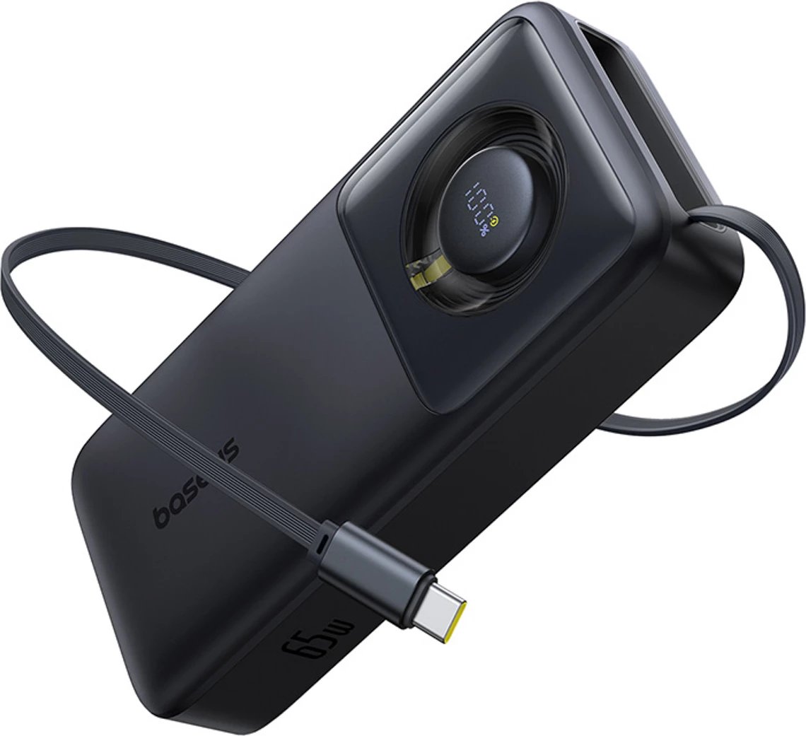 Powerbank Baseus Free2Pull 20000mAh, 65W, me kabllo USB-C të tërheqshme, e zezë