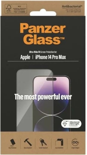 Xham i temperuar PanzerGlass Ultra-Wide Fit për iPhone 14 Pro Max, antibakterial