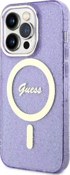 Mbështjellës Guess GUHMP14LHCMCGU për iPhone 14 Pro 6.1", Glitter Gold MagSafe, vjollcë Mbështjellës Guess GUHMP14LHCMCGU për iPhone 14 Pro 6.1", Glitter Gold MagSafe, vjollcë