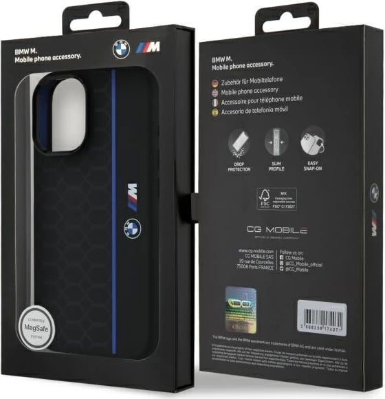 Mbështjellës BMW Silicone Hexagon Blue Line MagSafe për iPhone 16, Zi