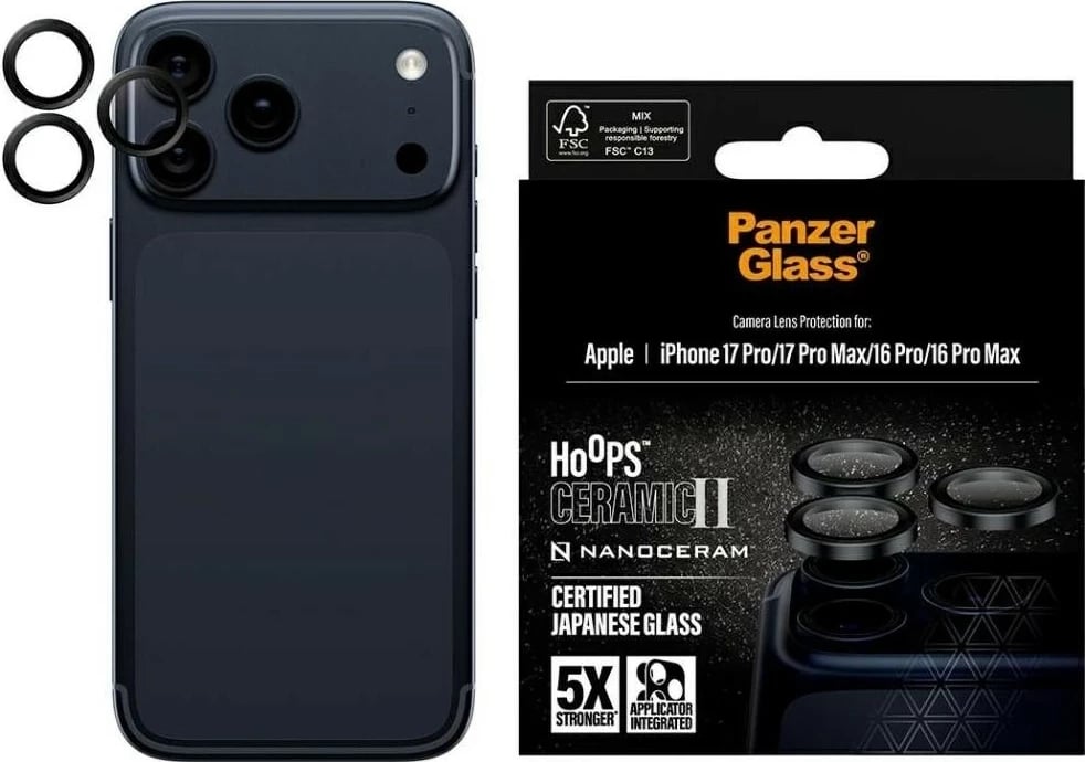 Mbështjellës kamerë PanzerGlass Hoops Ceramic II për iPhone 16 Pro/16 Pro Max/17 Pro/17 Pro Max, e zezë