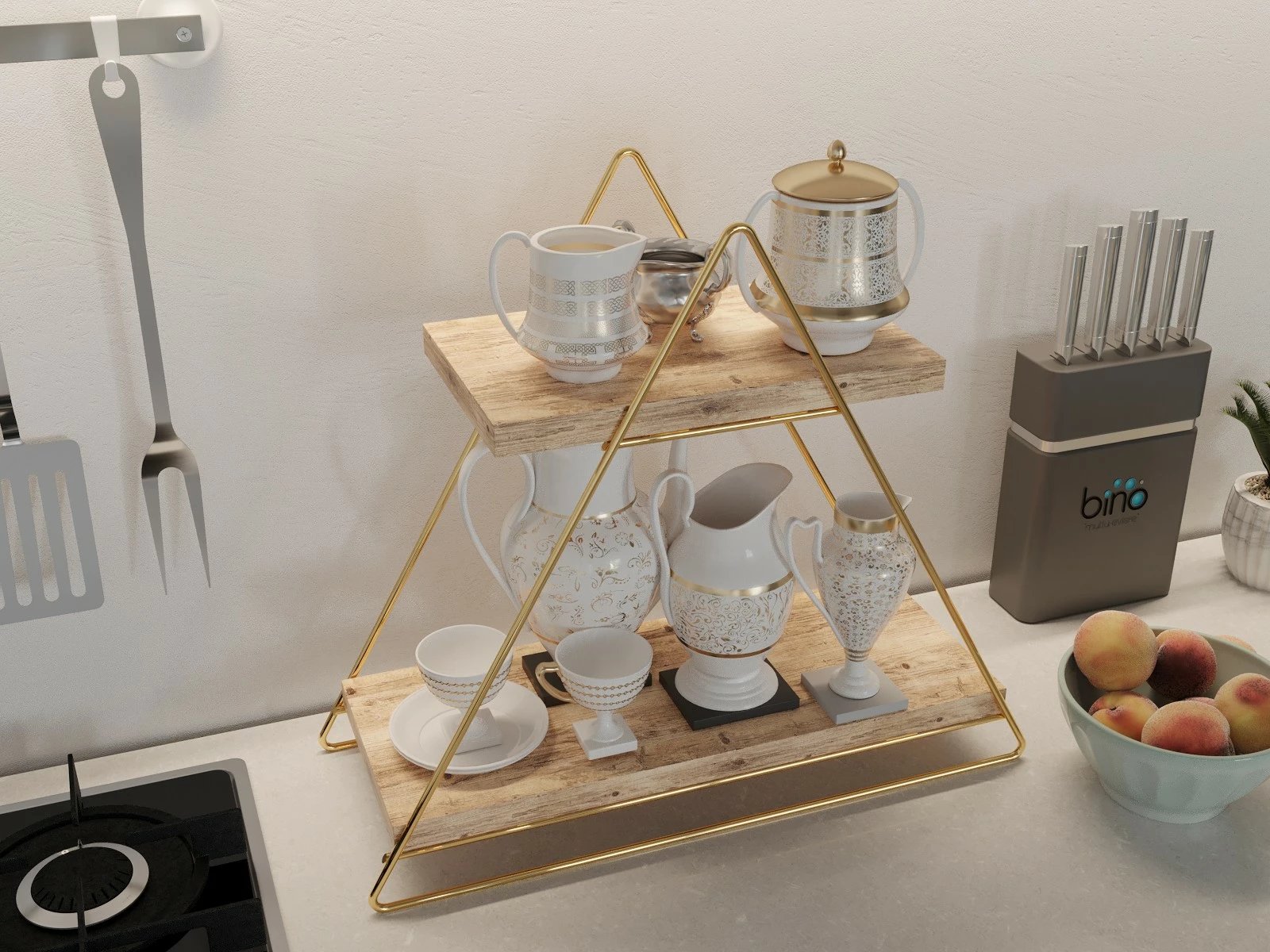 Raft muri prej druri të fortë, ngjyrë ari dhe kafe, Hanah Home, raf organizues shumë qëllimësh, 38x16x42cm