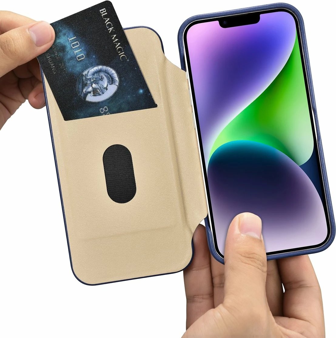 Mbështjellës iCarer CE Premium lëkurë, për iPhone 14 Plus, MagSafe, Kaltër