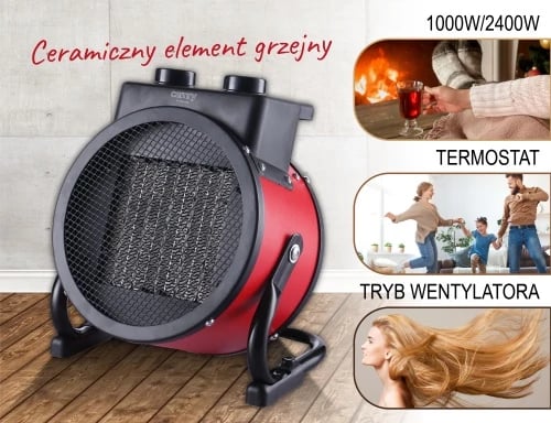 Ngrohës me ventilator qeramik, Camry CR 7743, 2400W, 2 nivele 1000/2400W, termostat, kënd fryrjeje vertikale 90°, i kuq