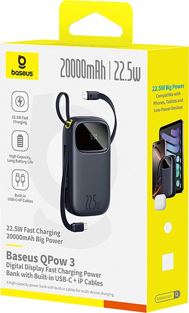 Powerbank Baseus EnerFill FC31, 20000mAh, 22.5W, me ekran dixhital, me 2 kabllo të integruara USB-C + Lightning, e zezë