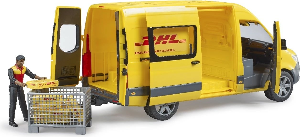 Lodër furgon MB Sprinter DHL, BRUDER BR-02671, shkallë 1:16, plastikë, me figurë dhe aksesorë, e verdhë, set