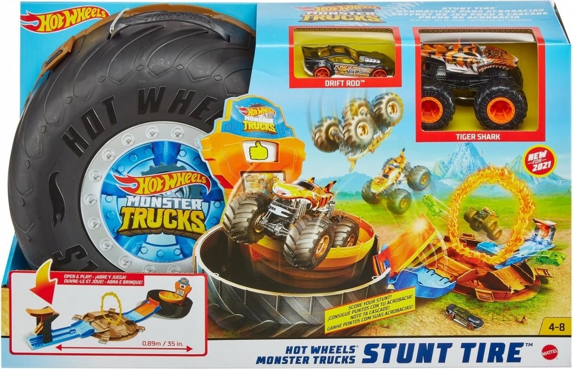 Set lodrash Hot Wheels Monster Trucks Stunt Arena Tire me makinë Tiger Shark dhe makinë Hot Wheels, zi/portokalli