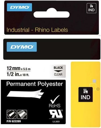 Shirit etiketime Dymo RhinoPRO Permanent Polyester 12 mm x 5.5 m (622289), e zezë në transparent