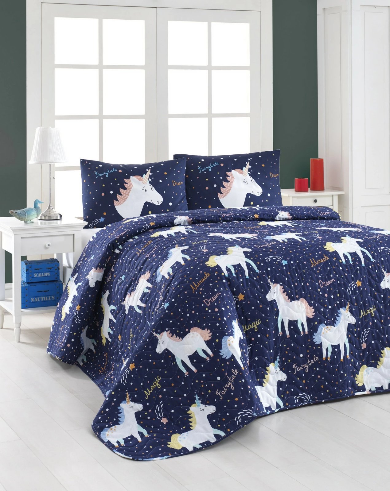 Set mbulesë krevati e qepur dyfishe, Magic Unicorn, ngjyrë e kaltër e errët