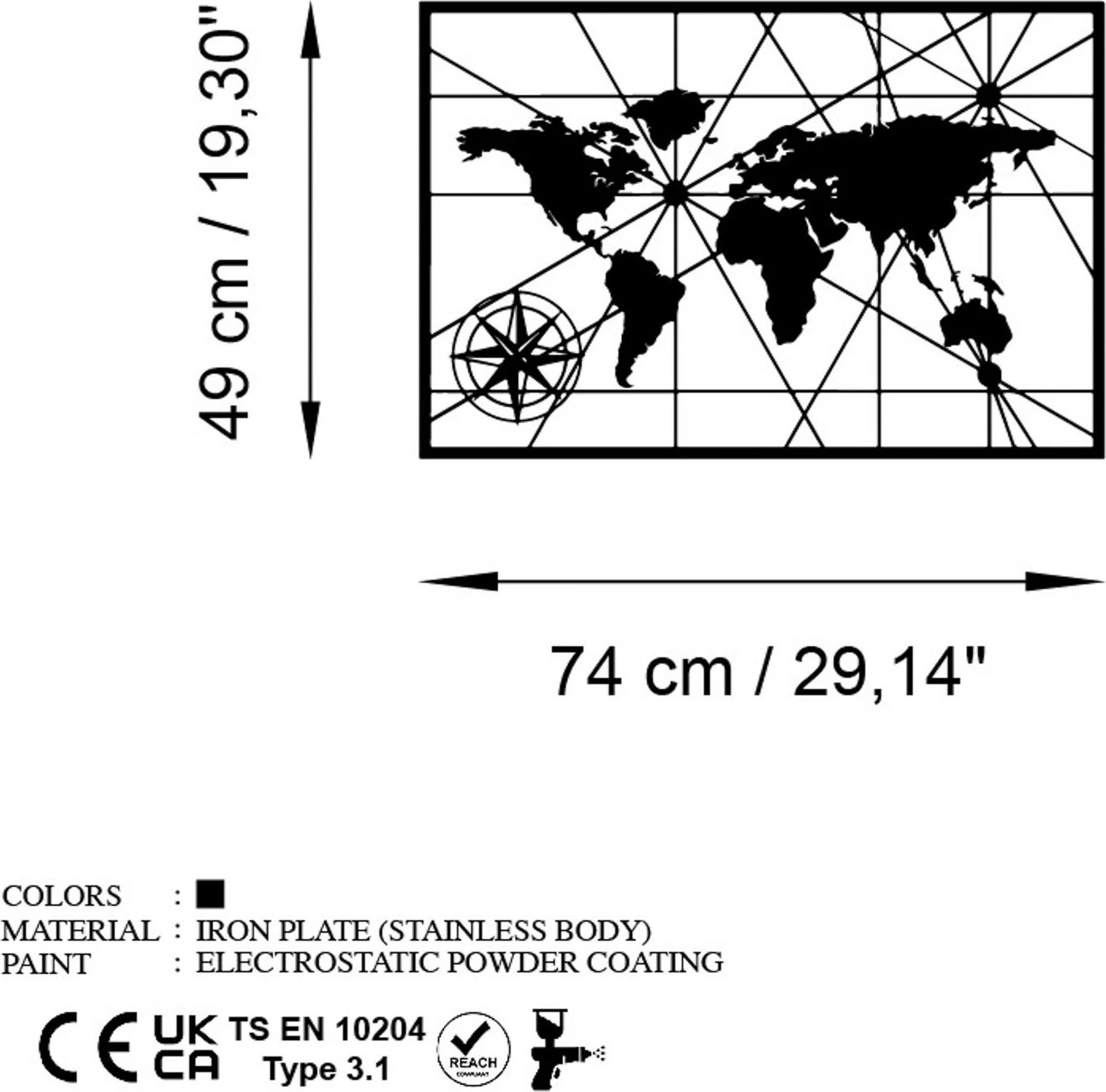 Aksesor dekorativ metalik për mur, hartë bote, Wallity, World Map 1 - v2