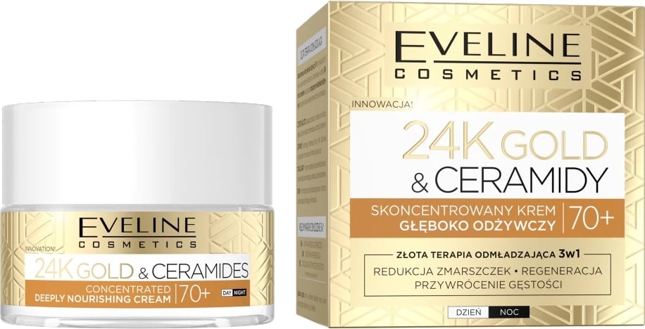 Krem fytyre ushqyes Eveline Cosmetics 24K Gold & Ceramides 70+ për femra, 50ml
