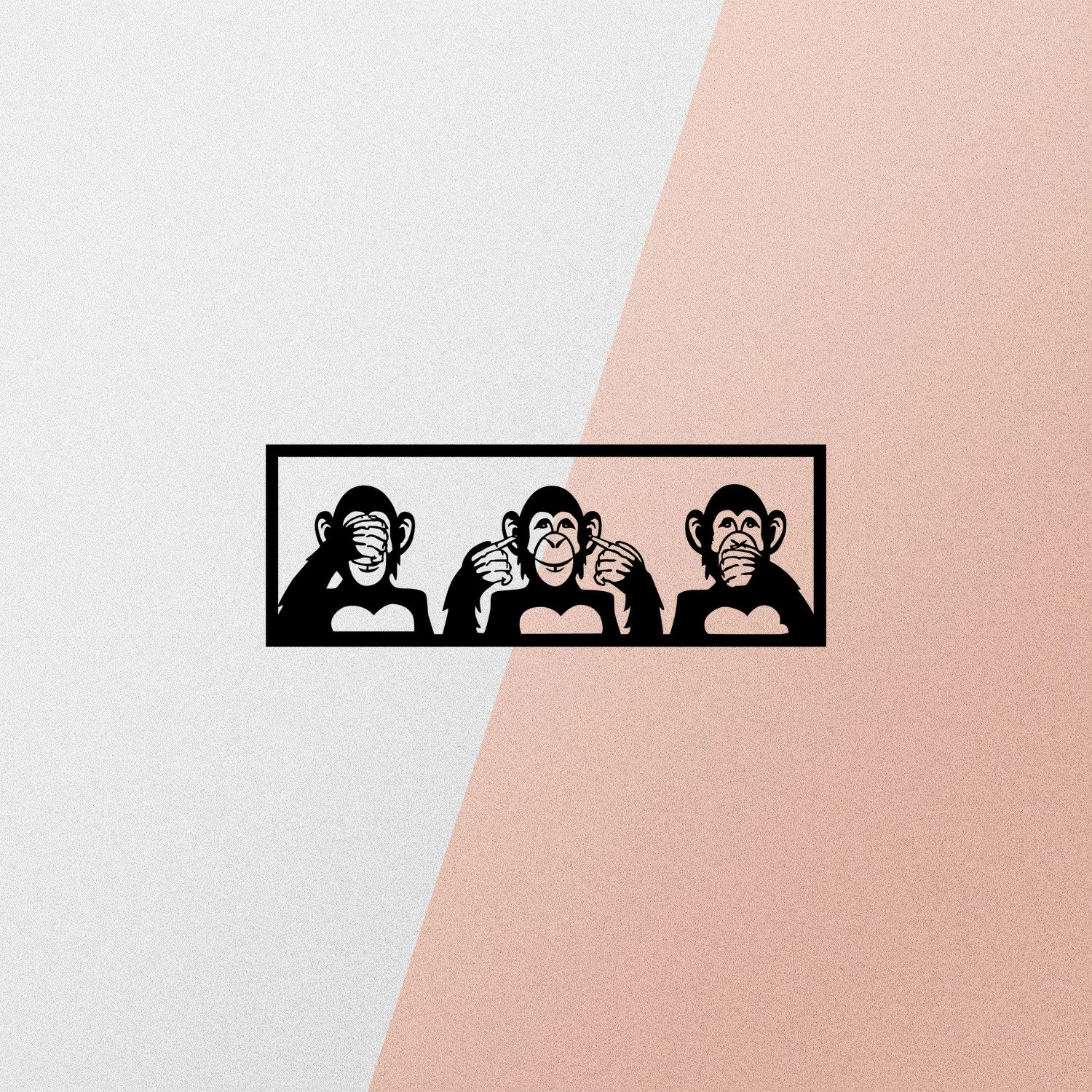 Aksesor dekorativ metalik për mur, Wallity, Tre majmunët-S, ngjyrë e zezë, 50x18cm