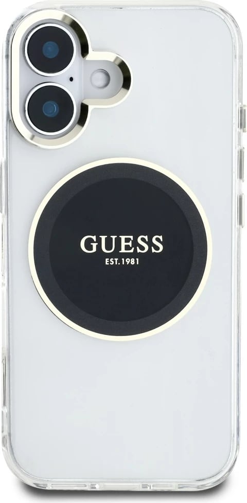 Mbështjellës Guess IML Metal Colored Circle Classic Logo MagSafe për iPhone 16, i zi