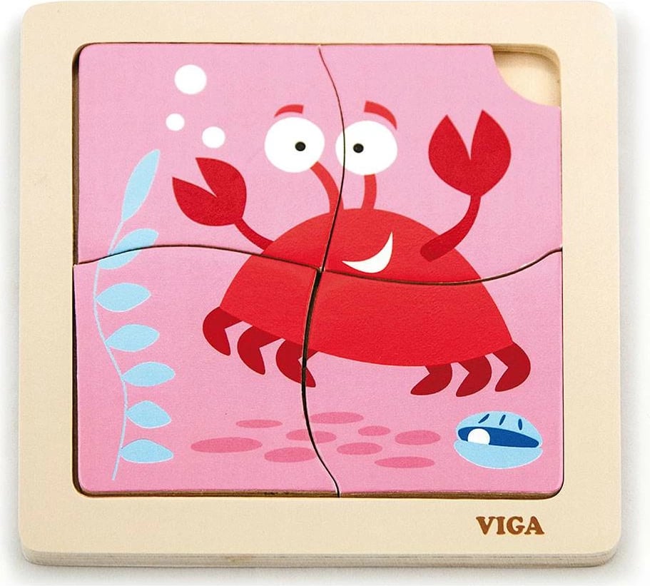 Puzzle druri, Viga, 4 copë, krabë, 15x15 cm, multingjyrës