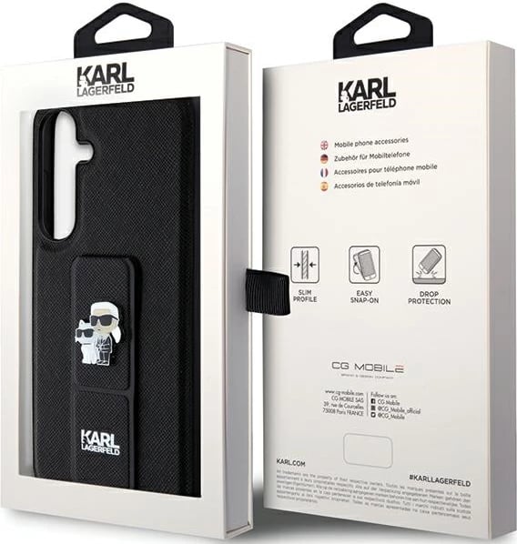 Mbështjellës Karl Lagerfeld Gripstand Saffiano Karl&Choupette Pins për Samsung Galaxy S24, i zi