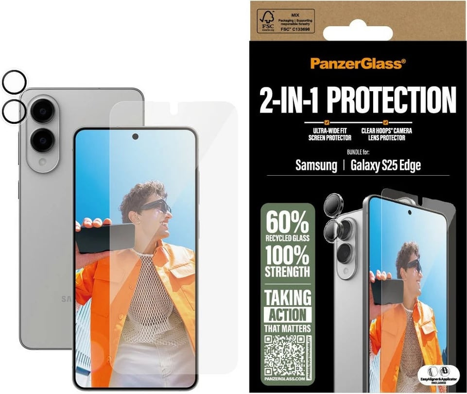 Mbrojtës ekrani PanzerGlass për Samsung Galaxy S25 Edge, set 2-në-1, transparent