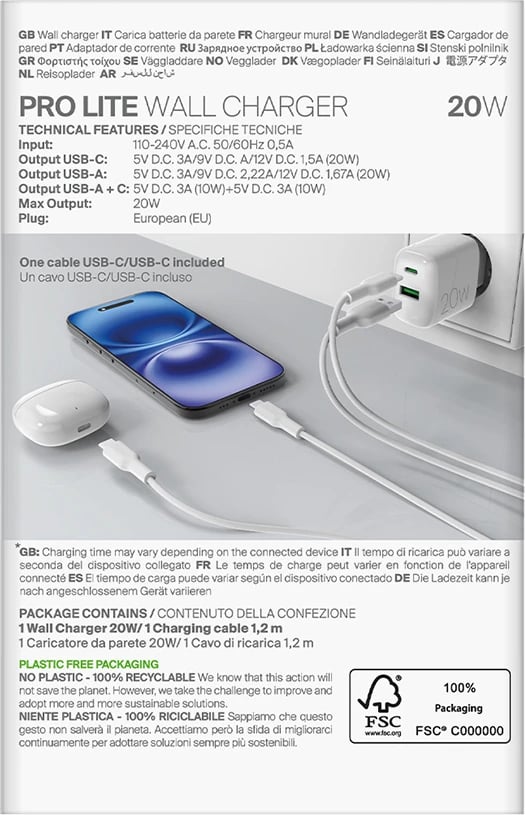 Karikues muri Puro PROLITE 20W me USB-A/USB-C dhe kabllo USB-C në USB-C 1.2m, Bardhë