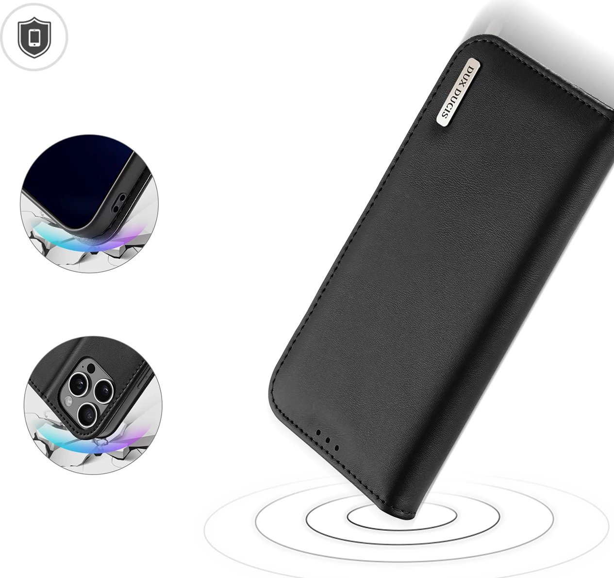 Mbështjellës Dux Ducis Hivo për iPhone 16 Pro, lëkurë, me kapak, RFID, i zi